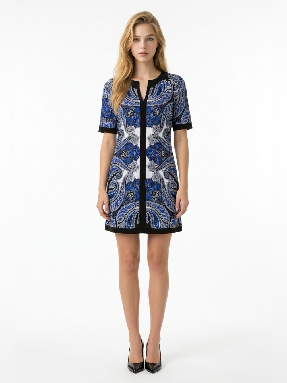 INC International Concepts Black, Blue & White Paisley Knit Mini Dress